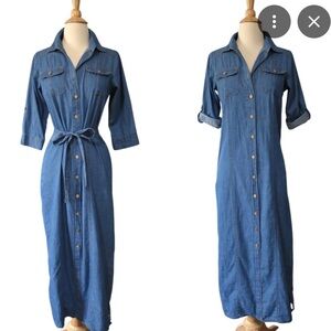 Classic Blue Denim Shirt Dress with Tie Waist